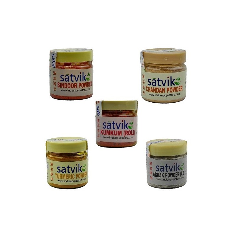 Satvik 5 Set of Different Puja Powders,50g each- Haldi (Turmeric Powder) Chandan, Kumkum Roli, Sindoor, Abrak, For Prayer